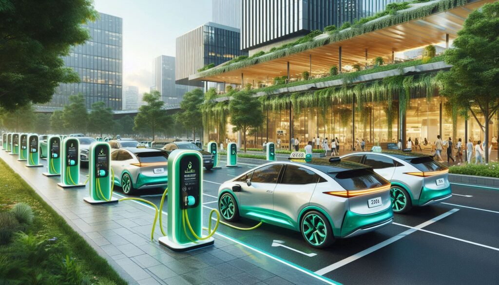 Eco-friendly electric taxis parked at charging stations in a modern city, showcasing Punjab's innovative e-taxi service for sustainable transportation. Chief Minister Maryam Nawaz Sharif, has introduced the province's first CM Punjab to Launch First E-Taxi Service 2025.