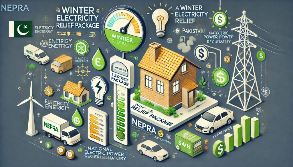 Infographic illustrating the Winter Electricity Relief Package in Pakistan, highlighting NEPRA-approved adjustments, reduced tariffs of 26.07 Rs/kWh, and eco-friendly benefits for consumers