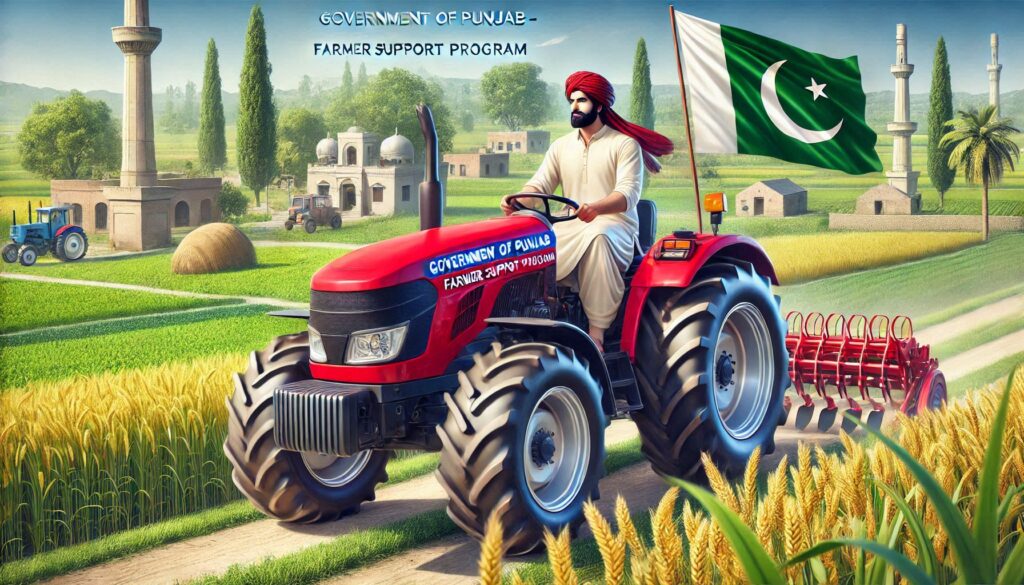 Farmer in Punjab using a mobile device to apply for the CM Punjab Tractor Scheme, with tractors and fields in the background